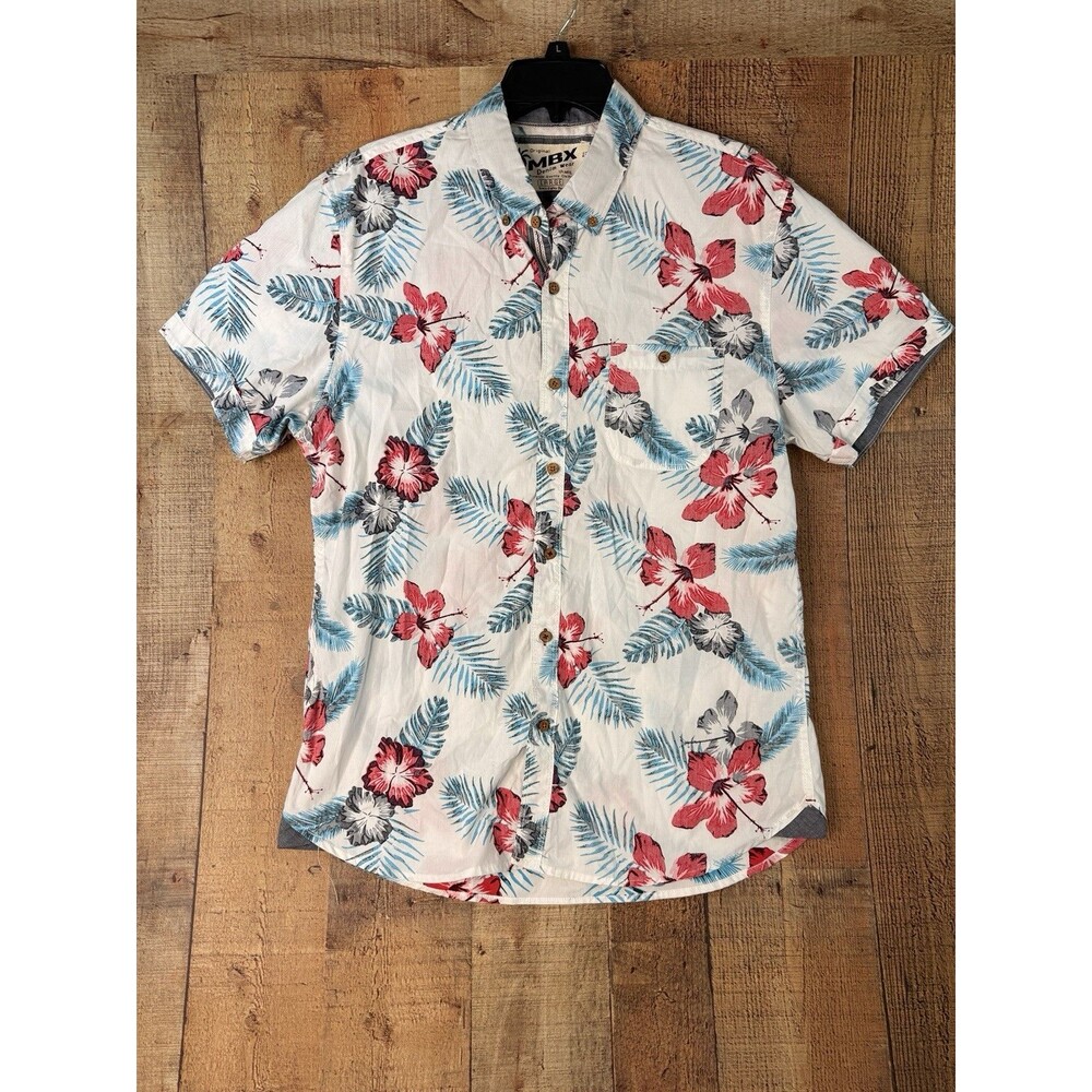 MBX Denim Wear Mens L Hawaiian Shirt Hibiscus Floral Tropical Aloha Coastal